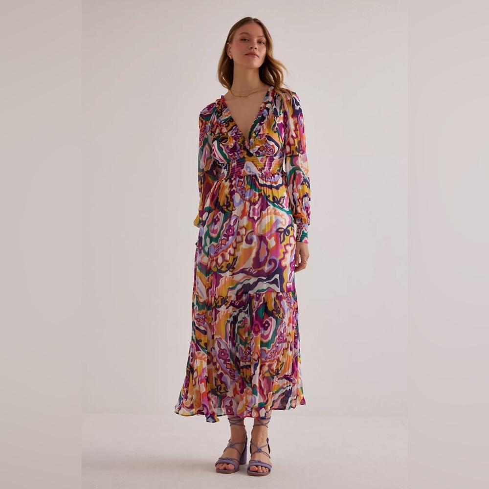 By Anthropologie Ruffle V-Neck Long-Sleeve Midi Dress